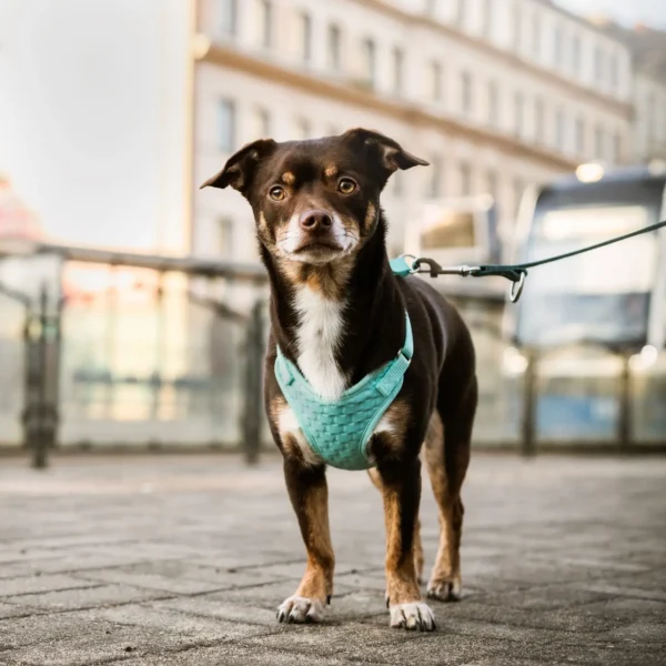 Szelki bezuciskowe dla psa miętowe na psie w mieście